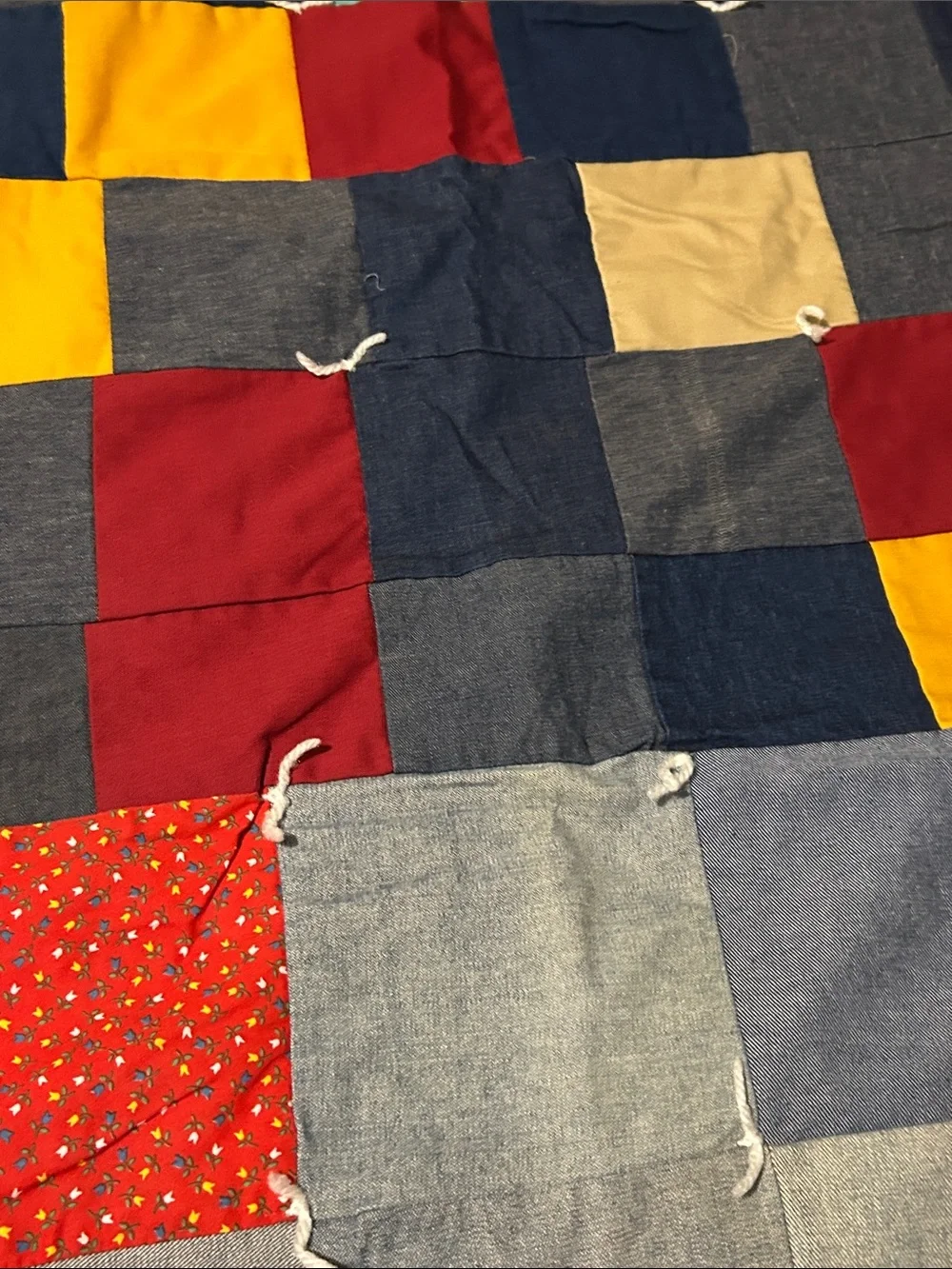 Patchwork Quilted Throw Blanket in Navy, Red, Yellow & Teal